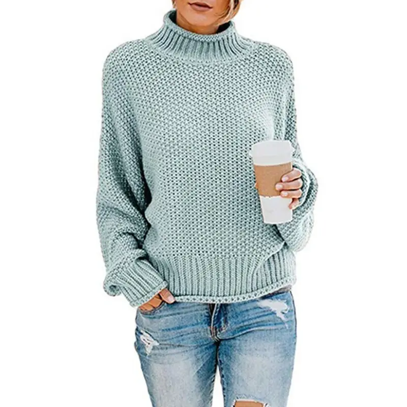 Women Loose Turtleneck Sweater Light Blue 2025 Winter