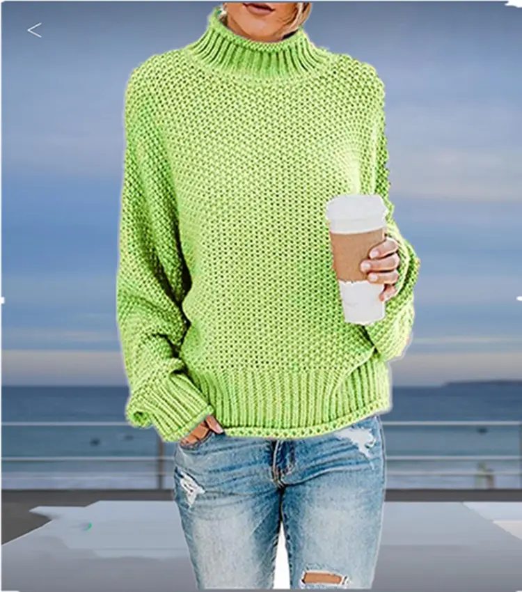 Women Loose Turtleneck Sweater Light Blue 2025 Winter