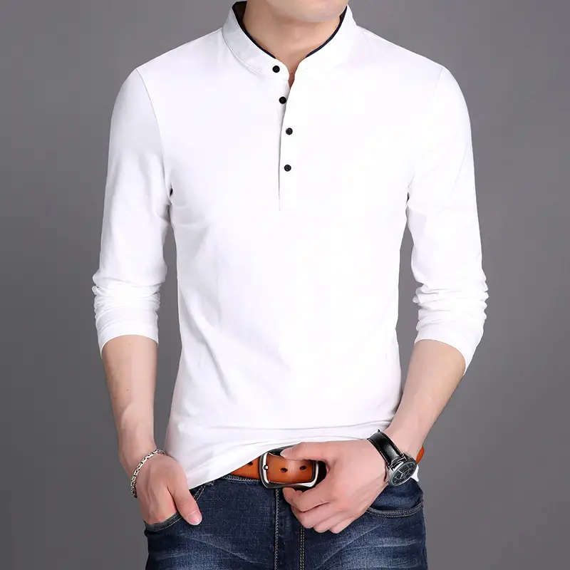 Men Maroon Button Collar Long Sleeve T-Shirt - Image 2