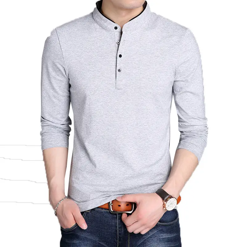 Men Maroon Button Collar Long Sleeve T-Shirt - Image 4