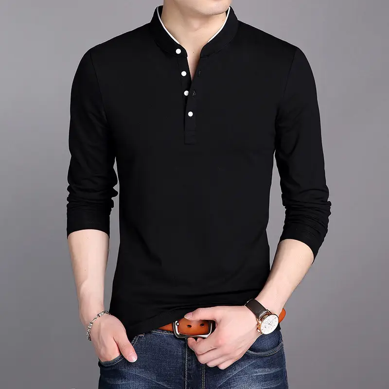 Men Maroon Button Collar Long Sleeve T-Shirt - Image 5