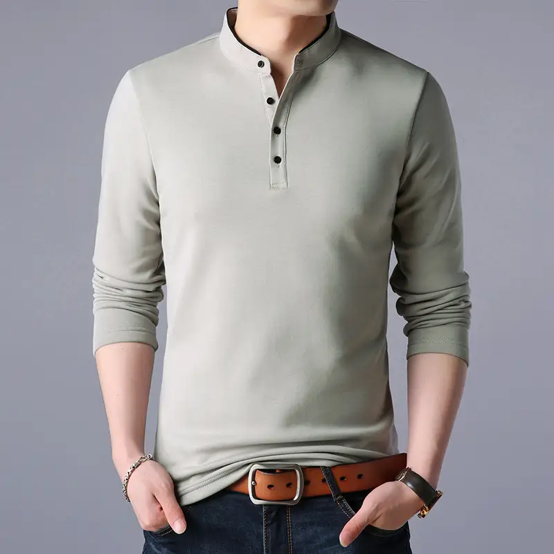 Men Maroon Button Collar Long Sleeve T-Shirt - Image 6