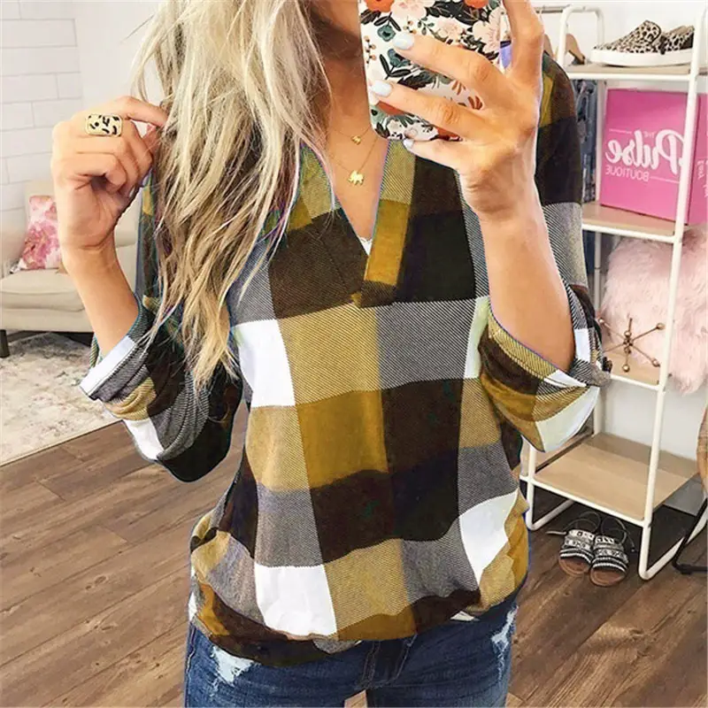 Cross-Border Plaid V Neck Long Sleeve T-Shirt Women - Image 5