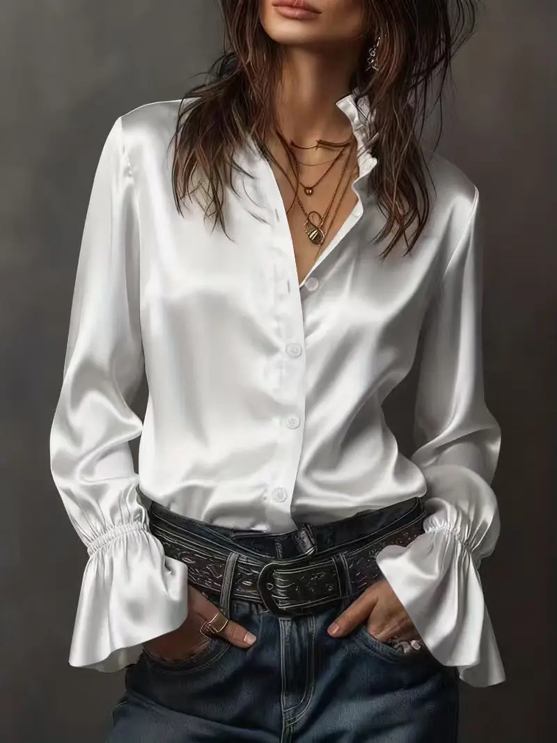 Women Satin Long Sleeve Shirt Brown 2026 - Image 3