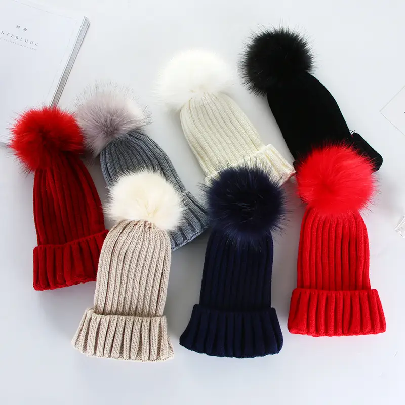 Women Knitted Fur Pom Pom Hat Navy Blue - Image 7