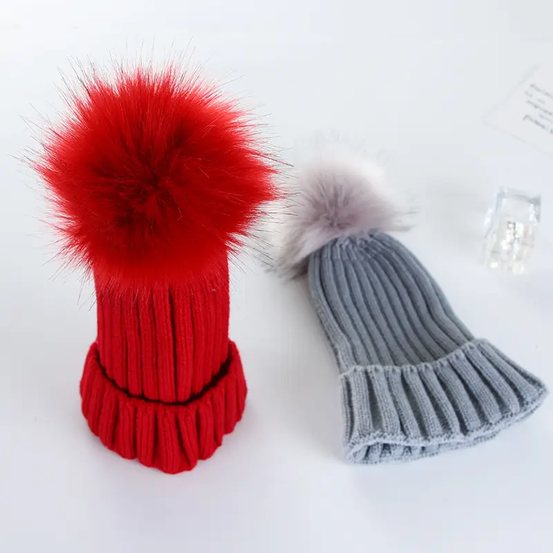 Women Knitted Fur Pom Pom Hat Navy Blue - Image 8