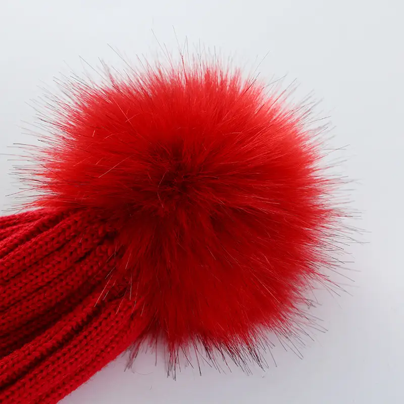 Women Knitted Fur Pom Pom Hat Navy Blue - Image 9