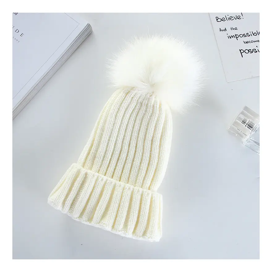 Women Knitted Fur Pom Pom Hat Navy Blue - Image 10