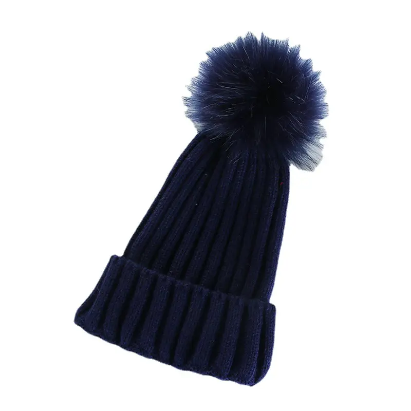 Women Knitted Fur Pom Pom Hat Navy Blue - Image 11