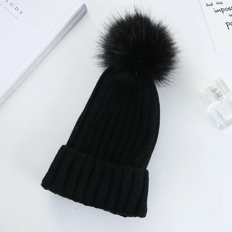 Women Knitted Fur Pom Pom Hat Navy Blue - Image 2