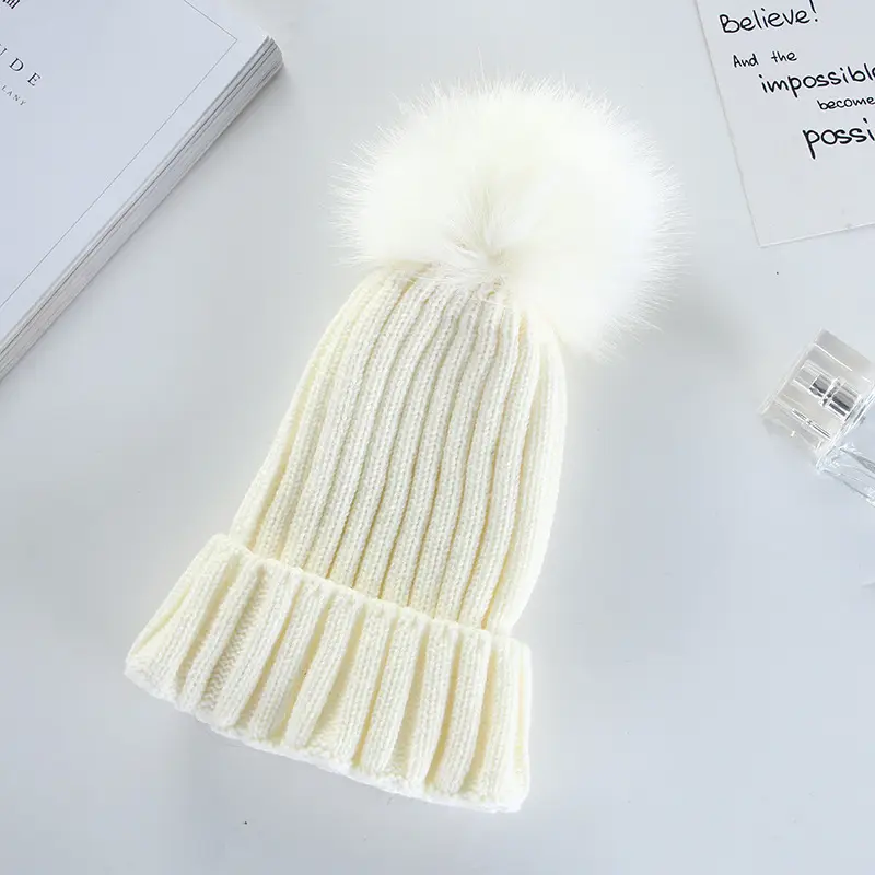 Women Knitted Fur Pom Pom Hat Navy Blue - Image 3