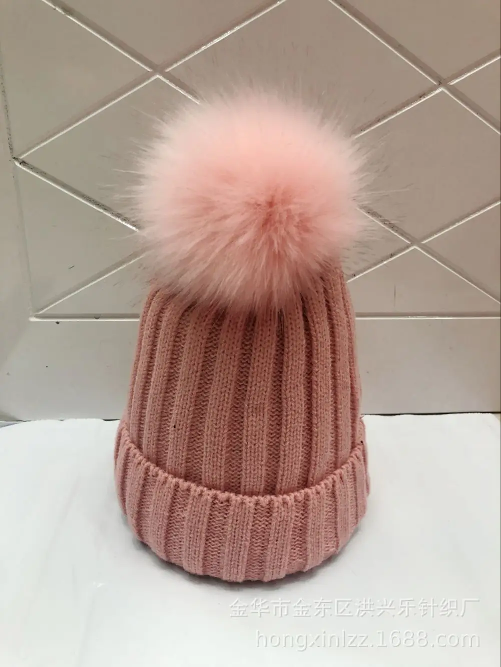 Women Knitted Fur Pom Pom Hat Navy Blue - Image 4