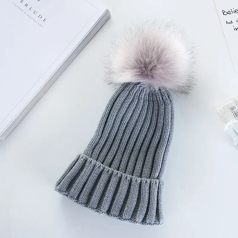 Women Knitted Fur Pom Pom Hat Navy Blue - Image 5