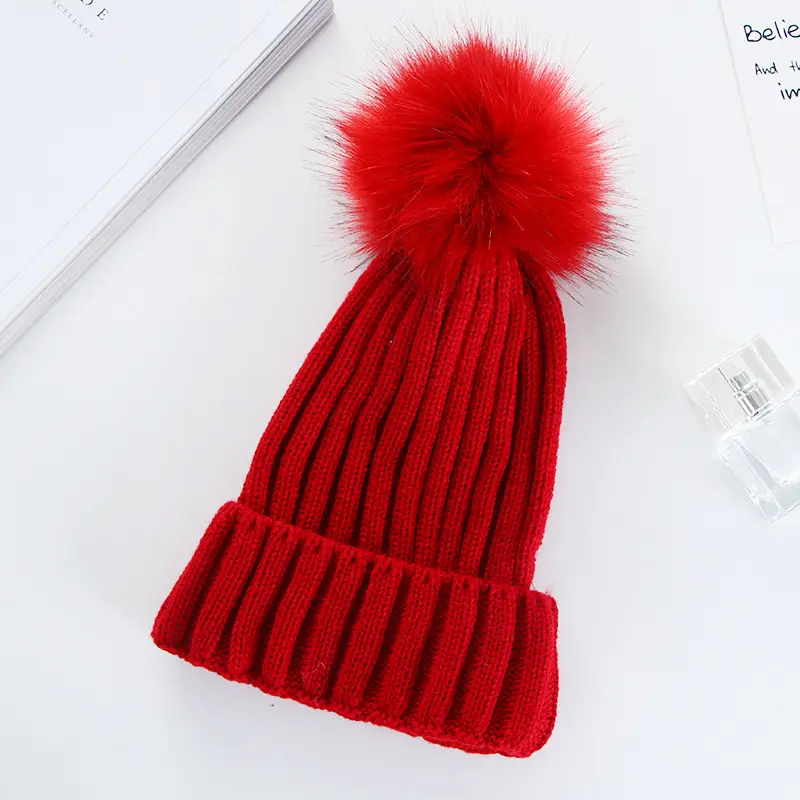 Women Knitted Fur Pom Pom Hat Navy Blue - Image 6