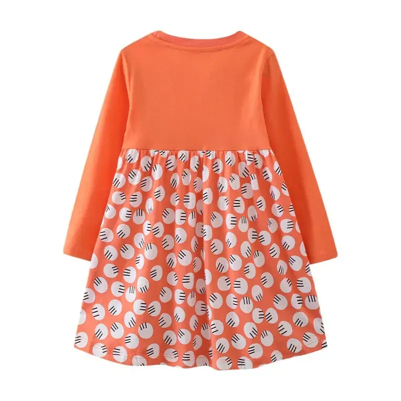 Girls Orange Printed Long Sleeve Dress - Image 3