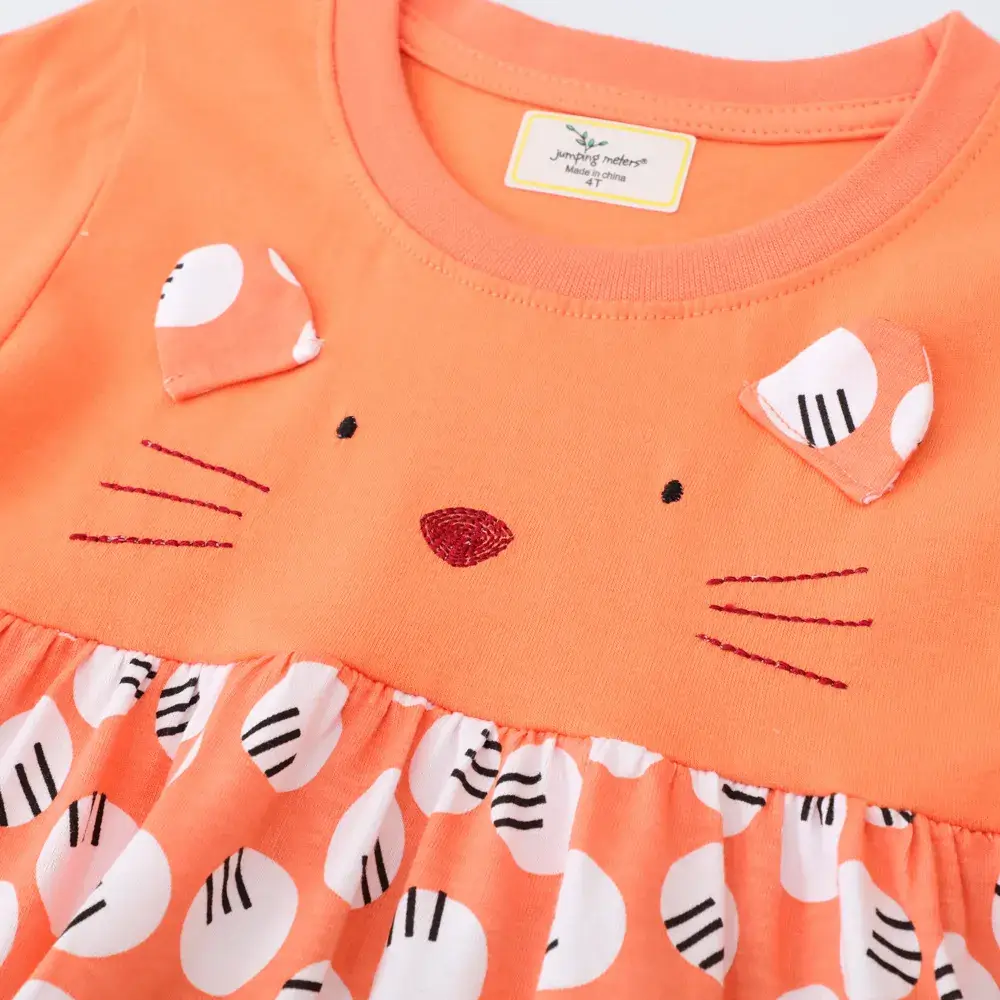 Girls Orange Printed Long Sleeve Dress - Image 5