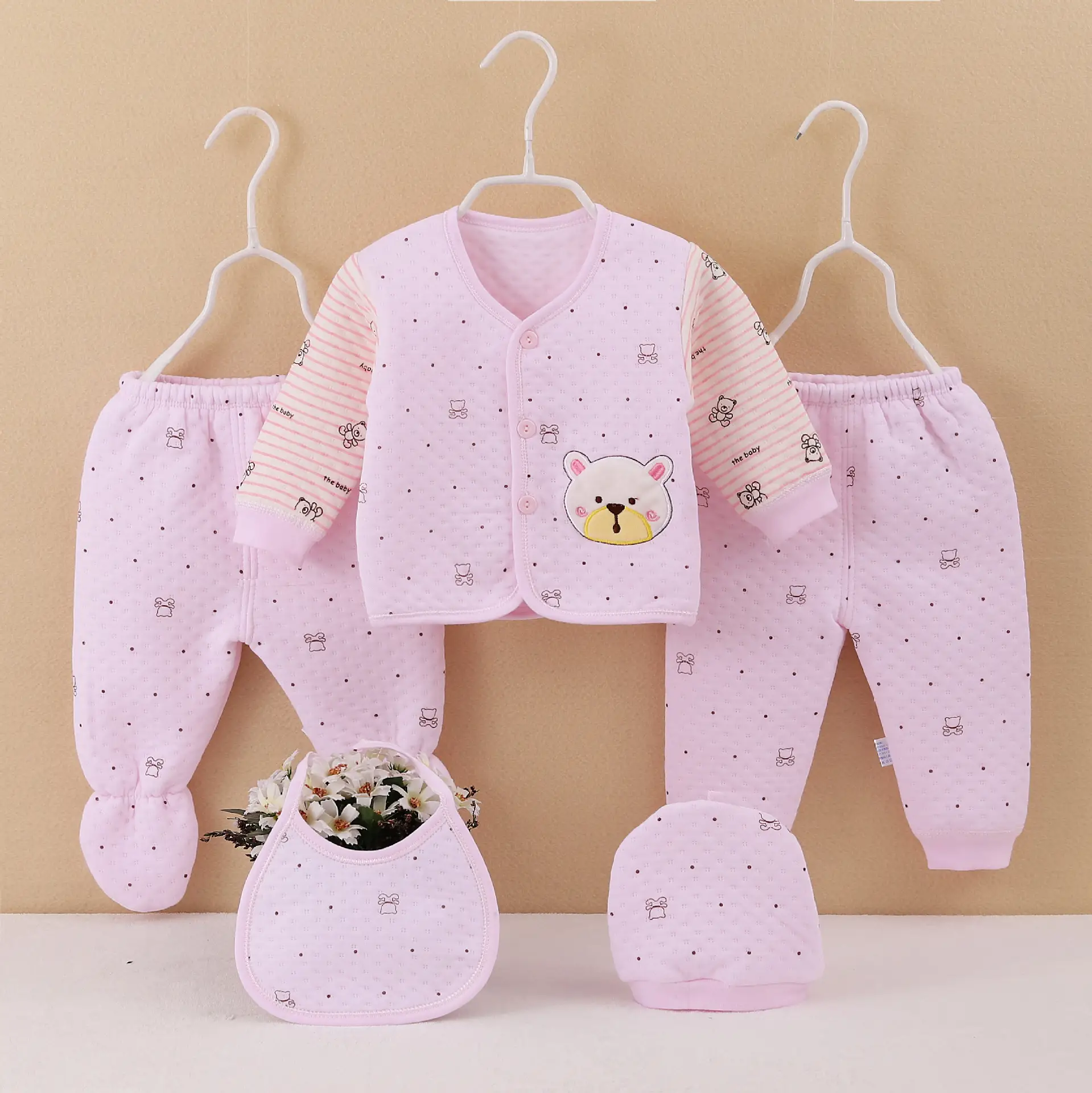 Baby Cotton Five-Piece Set Pink Newborn 0-3M