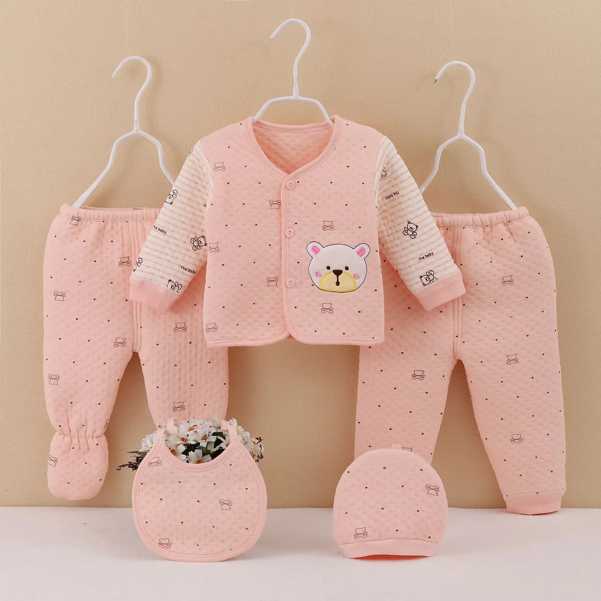 Baby Cotton Five-Piece Set Pink Newborn 0-3M