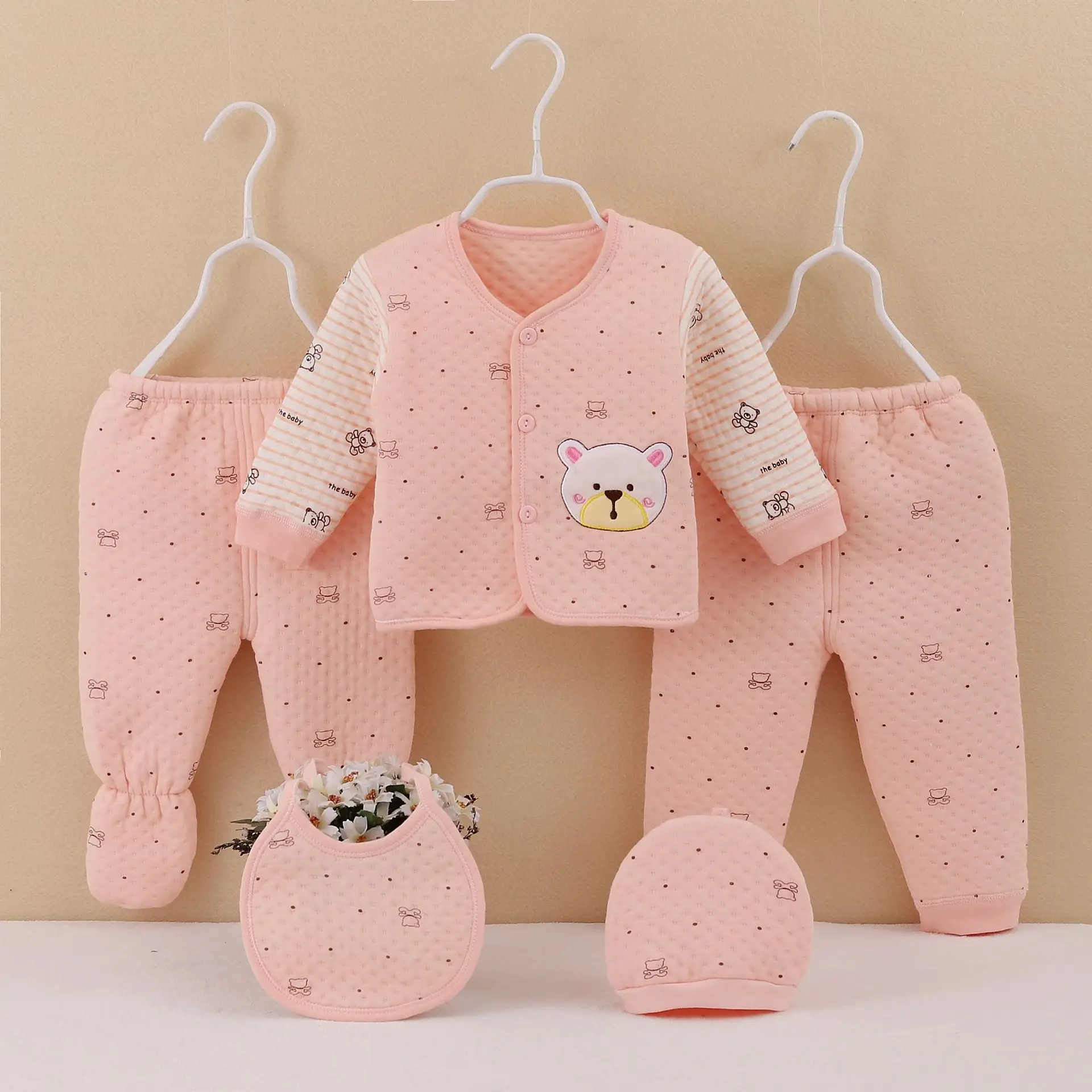 Baby Cotton Five-Piece Set Pink Newborn 0-3M