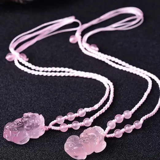 Natural Pink Crystal Pixiu Pendant for Men Women
