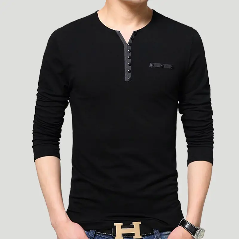 Men Cotton Long Sleeve T-Shirt 8683 Black Button - Image 2