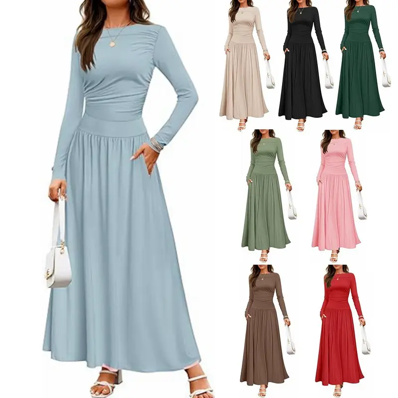 2025 Green Long Sleeve Knit Ruched Dress - Image 9