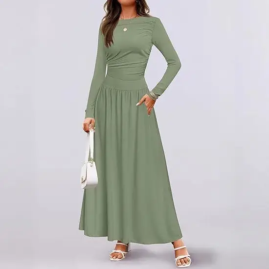 2025 Green Long Sleeve Knit Ruched Dress - Image 12