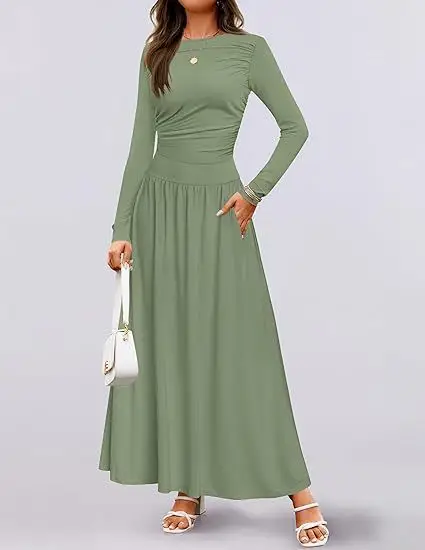 2025 Green Long Sleeve Knit Ruched Dress - Image 5