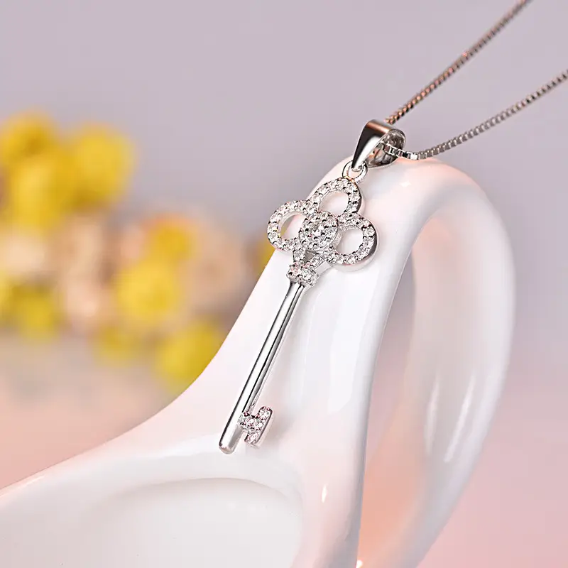 Guanming Silver Key Pendant Necklace with Crystal Accents