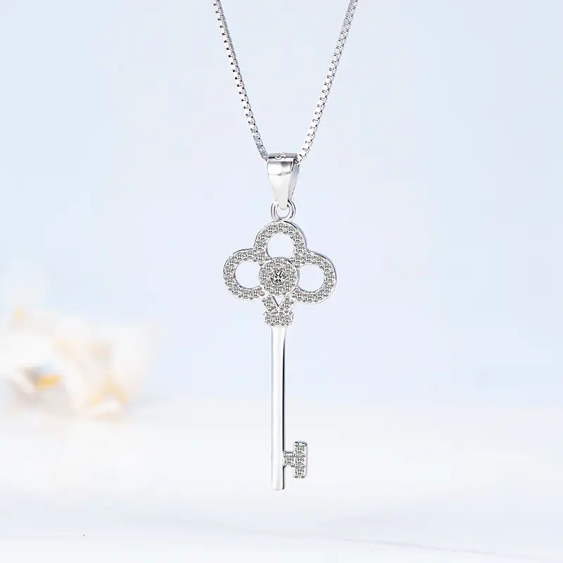 Guanming Silver Key Pendant Necklace with Crystal Accents