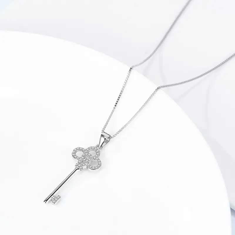 Guanming Silver Key Pendant Necklace with Crystal Accents