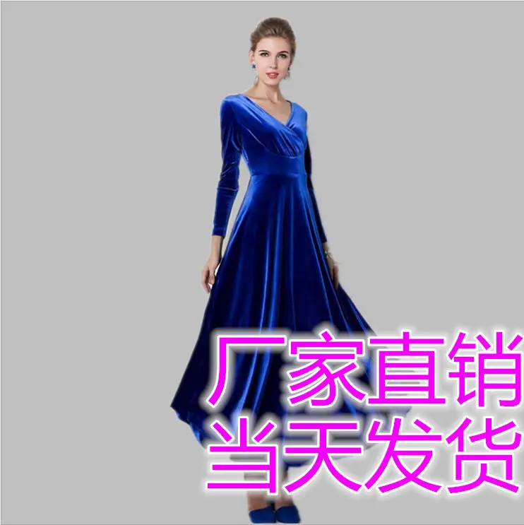 2024 Velvet Long Dress V Neck Gold Velvet - Image 6
