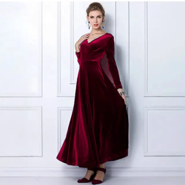 2024 Velvet Long Dress V Neck Gold Velvet - Image 7