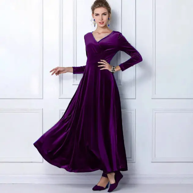 2024 Velvet Long Dress V Neck Gold Velvet - Image 8