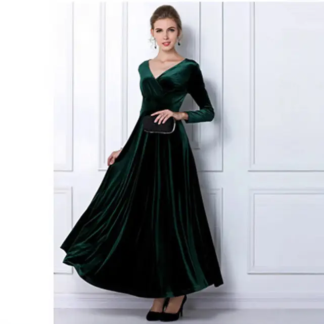 2024 Velvet Long Dress V Neck Gold Velvet - Image 9