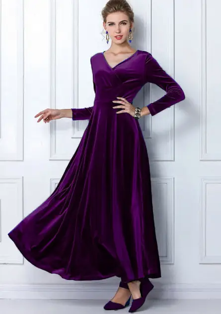 2024 Velvet Long Dress V Neck Gold Velvet - Image 2