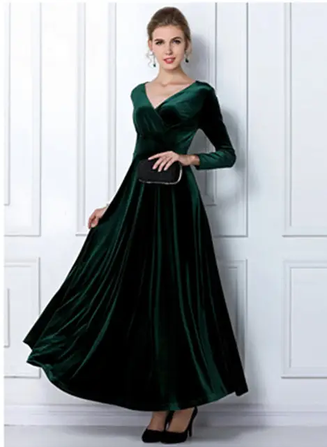 2024 Velvet Long Dress V Neck Gold Velvet - Image 4