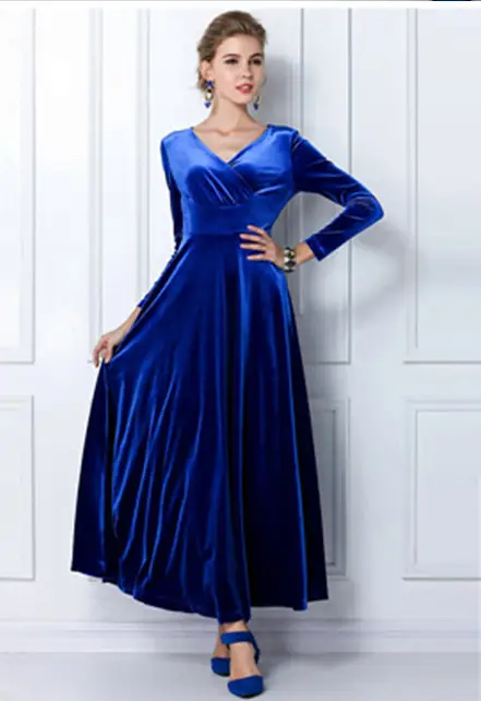 2024 Velvet Long Dress V Neck Gold Velvet - Image 5
