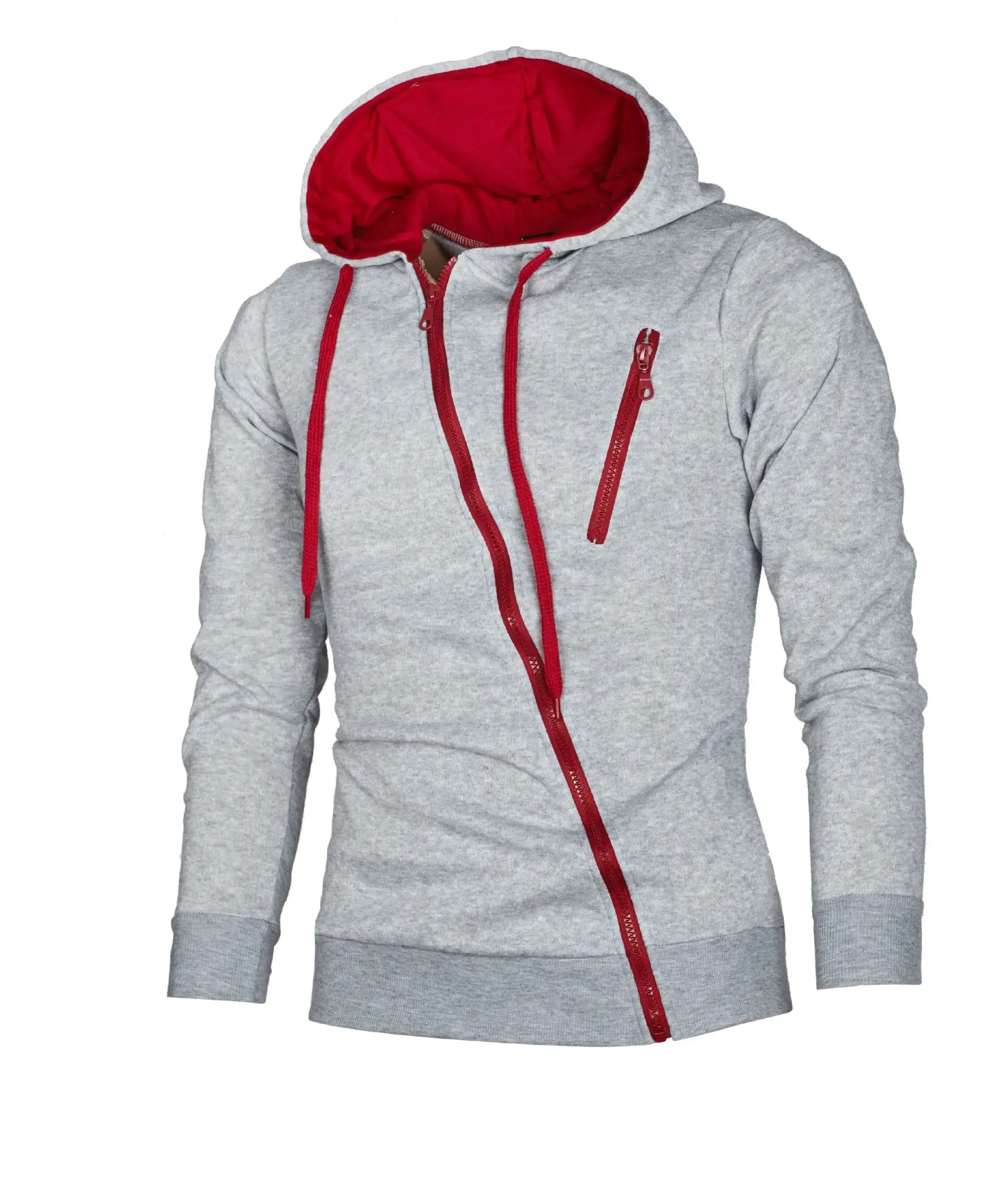 Men Grey Red Zipper Hoodie Slim Fit - Image 8