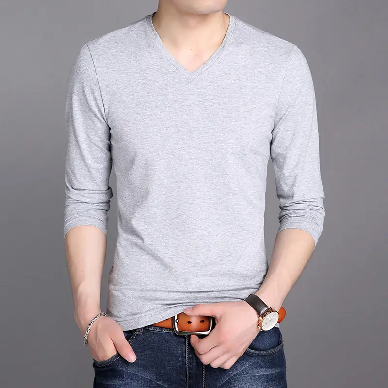 Men V-neck Cotton Long Sleeve T-Shirt Maroon Slim Fit