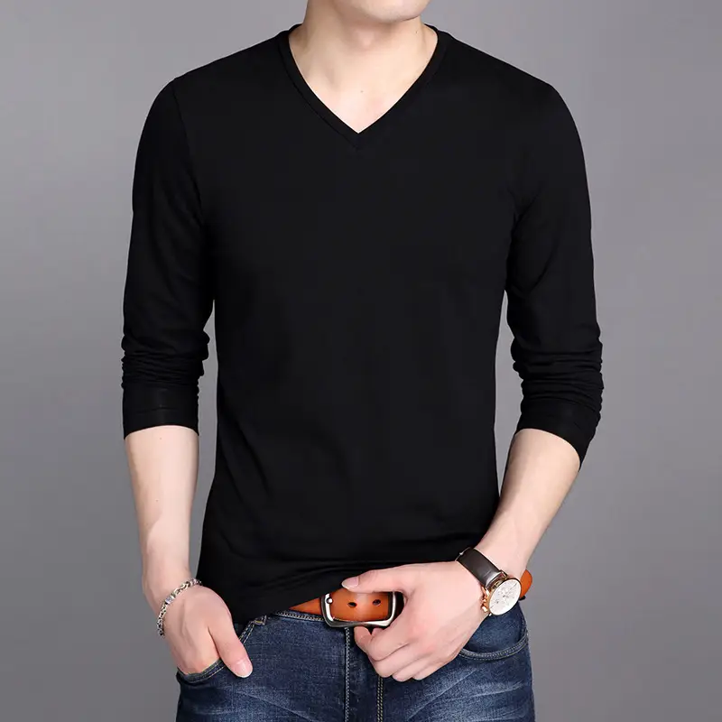 Men V-neck Cotton Long Sleeve T-Shirt Maroon Slim Fit