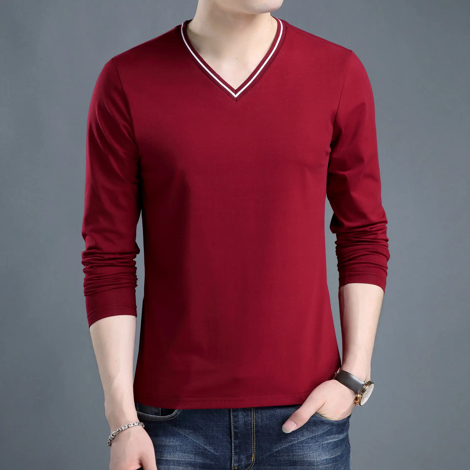 Men V-neck Cotton Long Sleeve T-Shirt Maroon Slim Fit