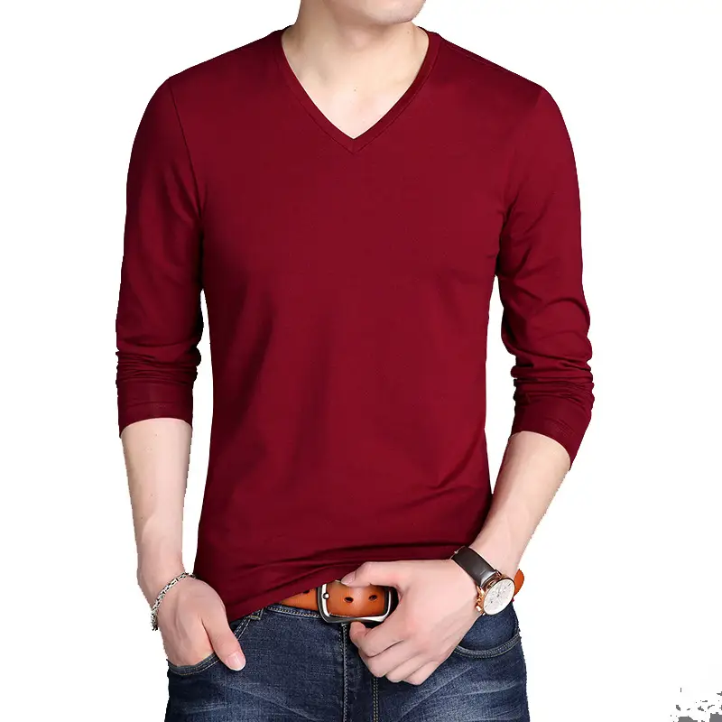 Men V-neck Cotton Long Sleeve T-Shirt Maroon Slim Fit