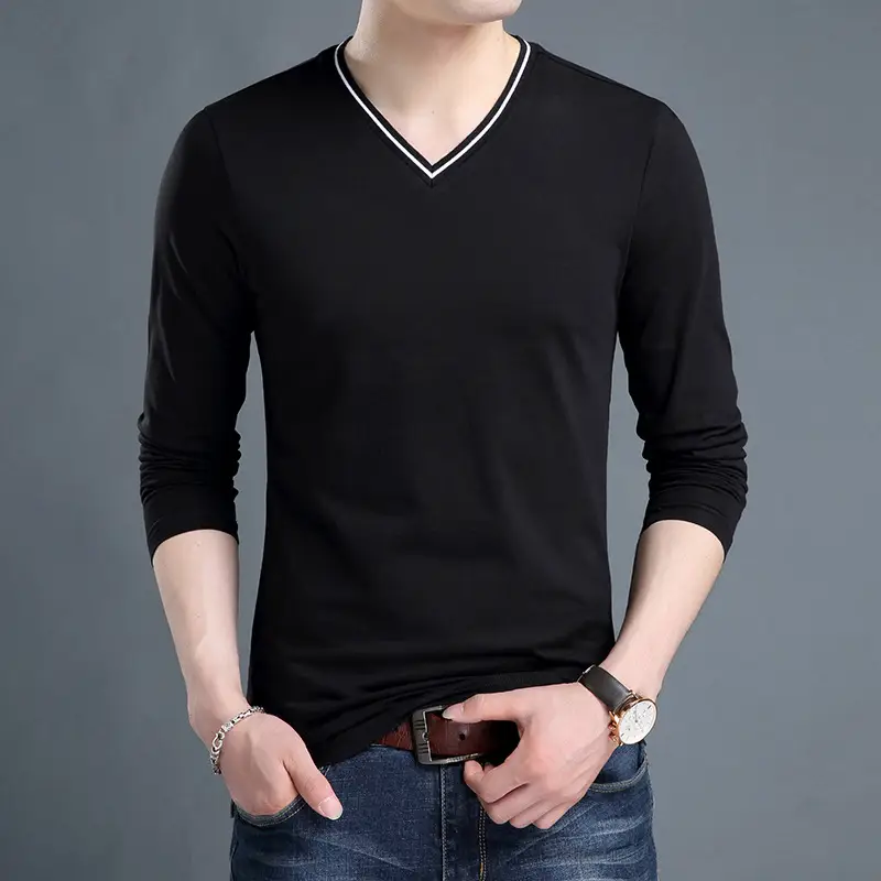 Men V-neck Cotton Long Sleeve T-Shirt Maroon Slim Fit