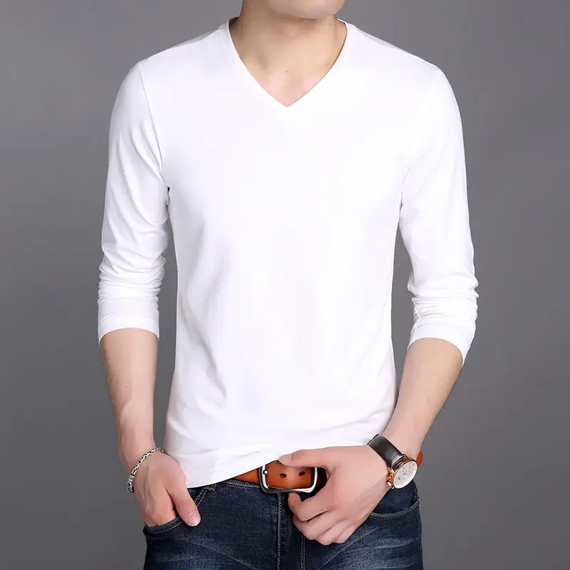 Men V-neck Cotton Long Sleeve T-Shirt Maroon Slim Fit
