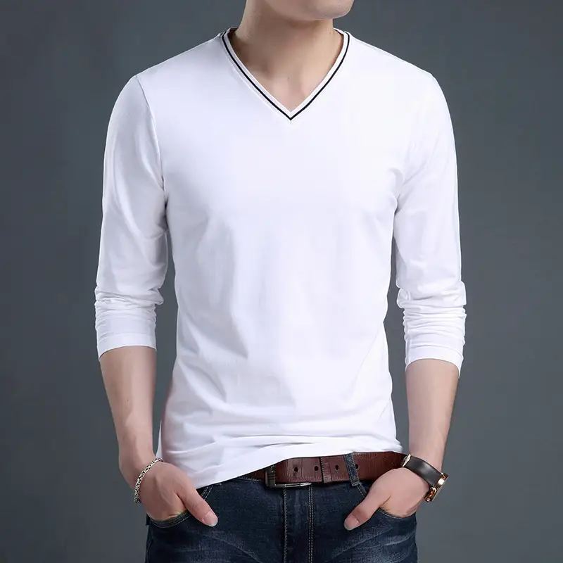 Men V-neck Cotton Long Sleeve T-Shirt Maroon Slim Fit