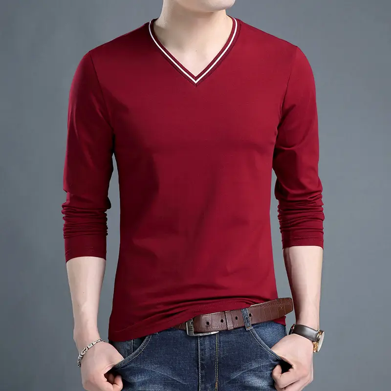 Men V-neck Cotton Long Sleeve T-Shirt Maroon Slim Fit