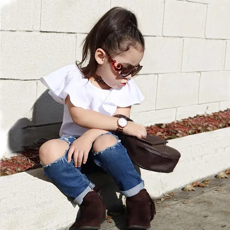 Girls 2-Piece Summer Suit White Off-Shoulder Jeans Set