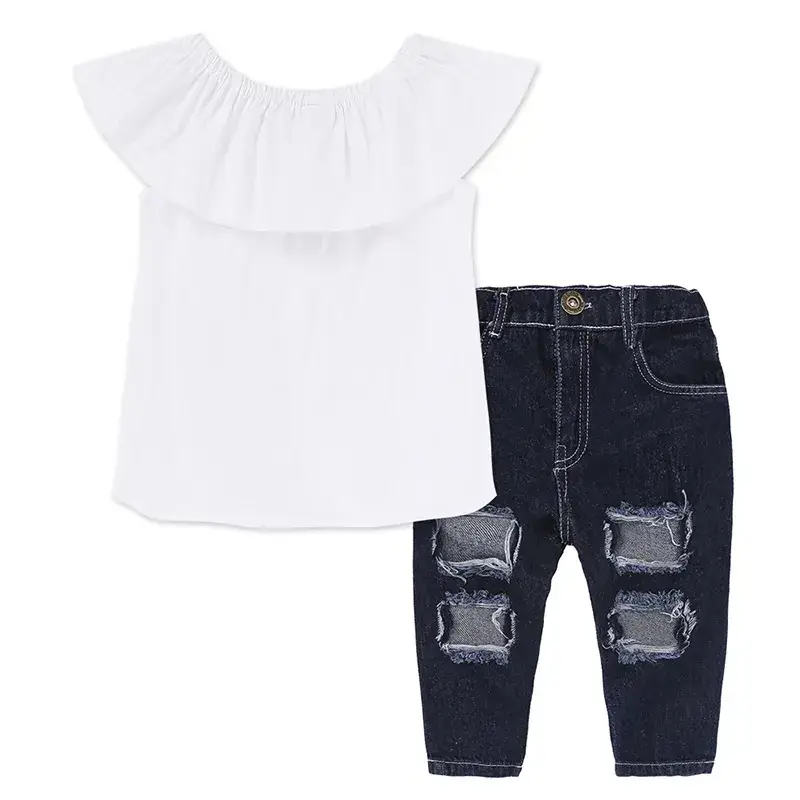 Girls 2-Piece Summer Suit White Off-Shoulder Jeans Set