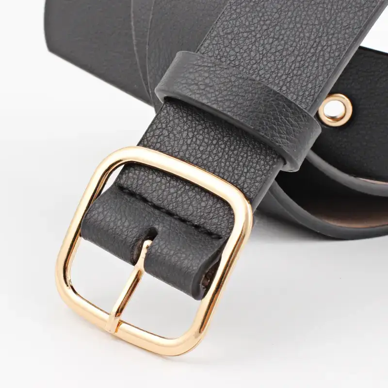 Women's Black Leather Belt with Gold Buckle - Image 6